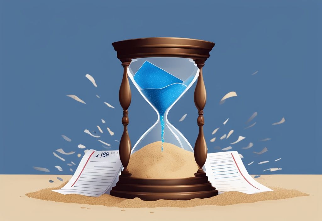 Moderne digitale Illustration einer blauen Sanduhr mit Steuerdokumenten oben und geschreddertem Papier unten, symbolisierend wann verjähren Steuerschulden.