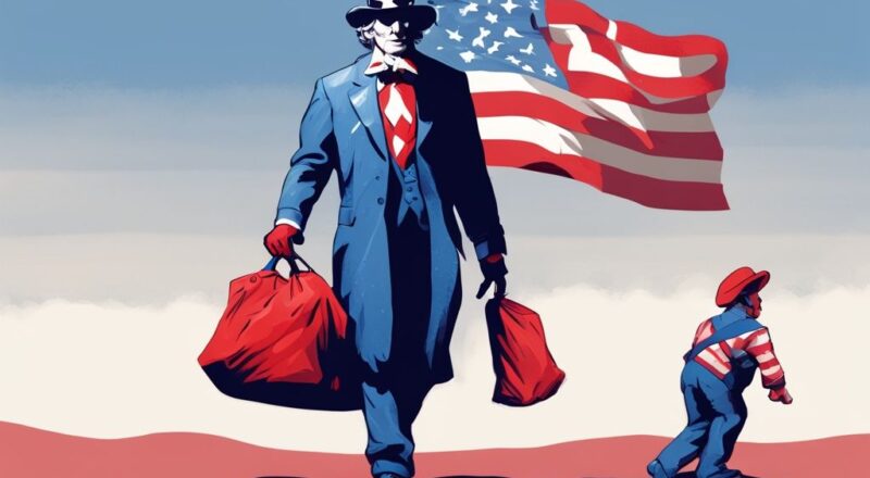 Moderne digitale Malerei eines Mannes, der an einer großen Uncle Sam-Figur vorbeischleicht und eine Tasche mit der Aufschrift "Steuern" und einem roten "NEIN"-Symbol trägt, was ist Steuerhinterziehung darstellt.