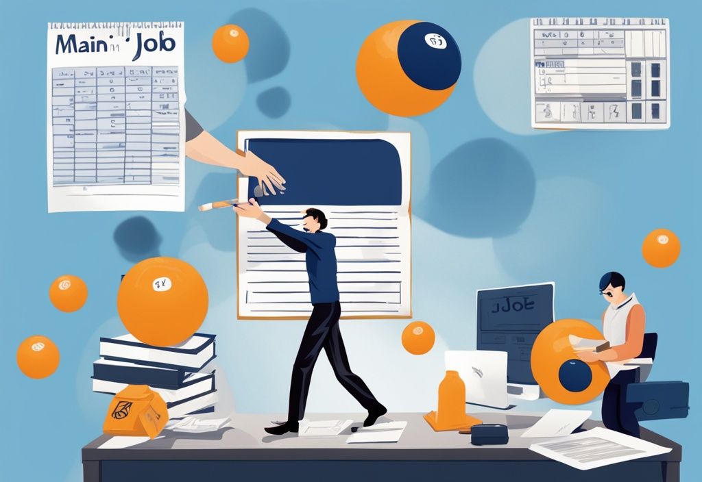 Moderne digitale Illustration in Blau: Person jongliert mit drei Bällen beschriftet "Hauptjob," "Mini-Job 1," und "Mini-Job 2" vor einem Hintergrund aus Steuerformularen und Taschenrechnern.