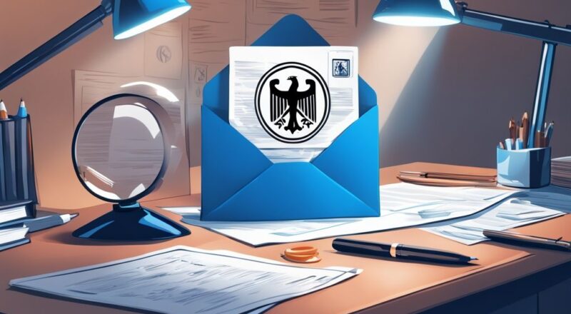 Modernes digitales Gemälde mit blauem Farbschema, ein vom Scheinwerfer beleuchteter Briefumschlag mit dem Logo des deutschen Finanzamts, umgeben von Finanzdokumenten und einer Lupe, gesucht vom deutschen Finanzamt.