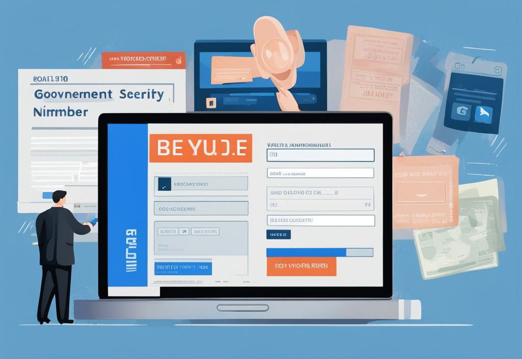 Moderne digitale Malerei mit blauem Farbschema, die einen Desktop-Computerbildschirm zeigt, auf dem eine sichere Regierungswebsite zu sehen ist, auf der Personen ihre Sozialversicherungsnummern zur Online-Verifizierung eingeben.