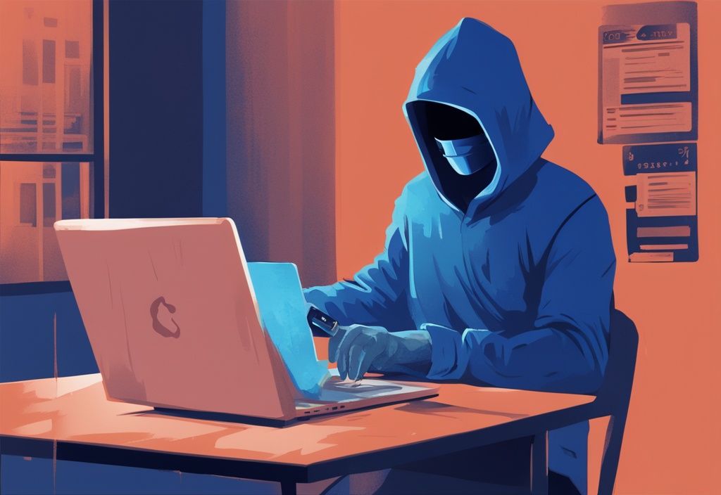 Moderner digitaler Gemälde-Illustration eines Diebs, der heimlich auf sensible Daten auf einem Laptop zugreift, mit hervorgehobener Steuernummer auf dem Bildschirm, was ein Gefühl von Gefahr und Verletzung hervorruft, Hauptfarbthema Blau.