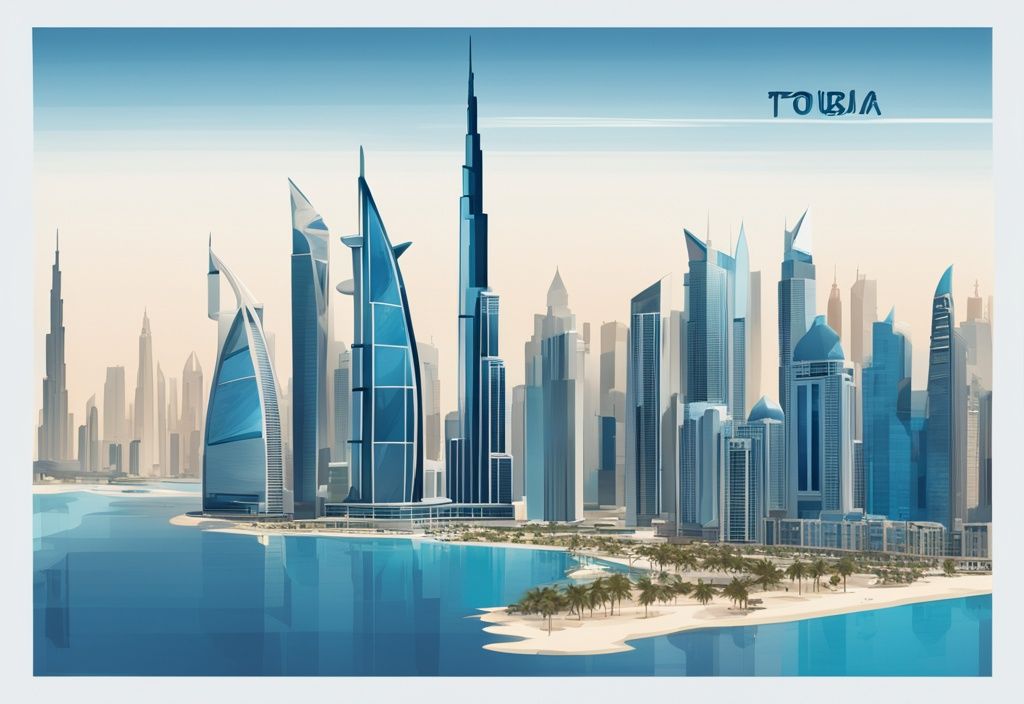 Moderne digitale Illustration der Skyline von Dubai mit blauer Farbthematik und Infografik-Elementen, die Einnahmequellen wie Tourismus, Immobilien, Handel und Investitionen hervorheben, um zu zeigen, wie finanziert sich Dubai ohne Steuern.