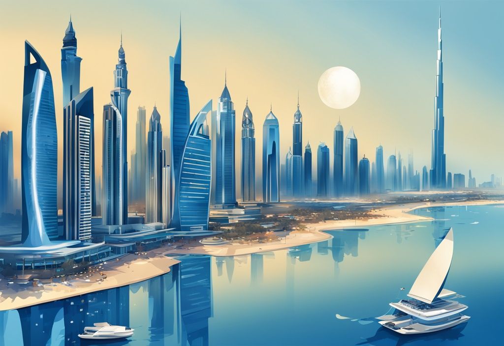 Moderne digitale Illustration der Skyline von Dubai in Blau mit ikonischen Wahrzeichen und Symbolen für Tourismus- und Immobiliensektor.