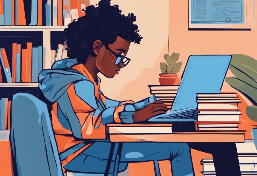 Moderner digitaler Malerei-Illustration eines jungen Studenten, der an einem Schreibtisch mit Lehrbüchern studiert und eine Webseite über Steuerinformationen für arbeitende Studenten auf einem Laptop geöffnet hat.