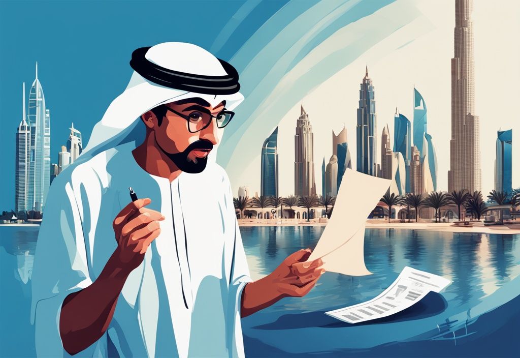 Moderne digitale Illustration einer Person in Dubai mit schockiertem Ausdruck, die ein Papier mit niedriger Steuerberechnung vor ikonischen Wahrzeichen Dubais betrachtet, wie viel Steuern zahlt man in Dubai.