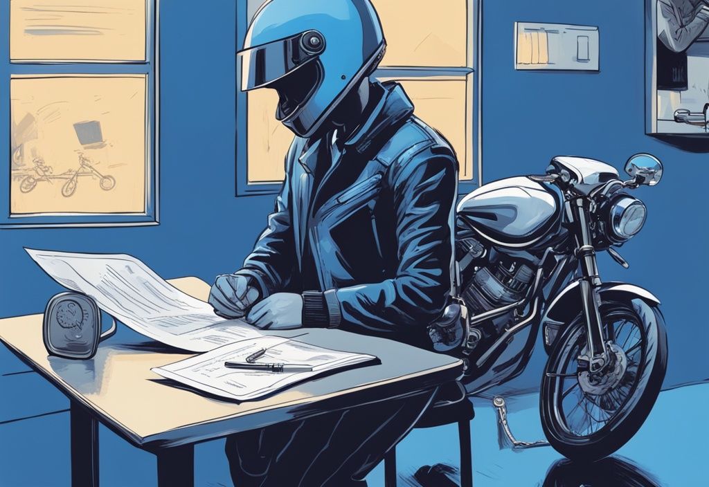 Moderne digitale Illustration, Person analysiert Motorradversicherung und Steuerkosten, Motorradhelm und Schlüssel auf dem Tisch, Hauptfarbe Blau.