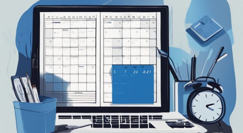 Moderne digitale Illustration in Blau: Kalender mit mehreren Jahren, Hand hält Steuerformular, symbolisiert wie lange darf das Finanzamt Steuern nachfordern.