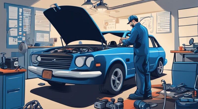 Moderner digitaler Malerei-Illustration eines Mechanikers, der in einer Autowerkstatt an einem Auto arbeitet, mit verschiedenen Autoteilen auf dem Tisch und einem offenen Laptop, der ein Steuerformular für Kfz Reparatur Steuer zeigt.