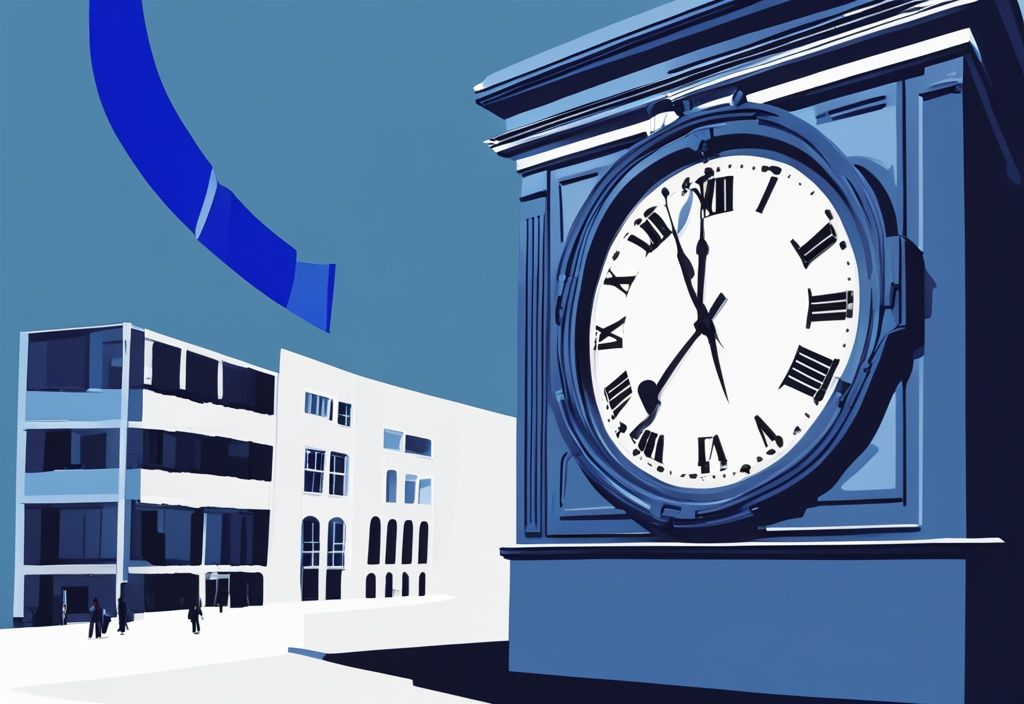 Moderne digitale Illustration eines UG-Gebäudes mit einer großen Uhr, die den Zeitverlauf anzeigt, und überlagerten Steuerformularen, Hauptfarbthema Blau.