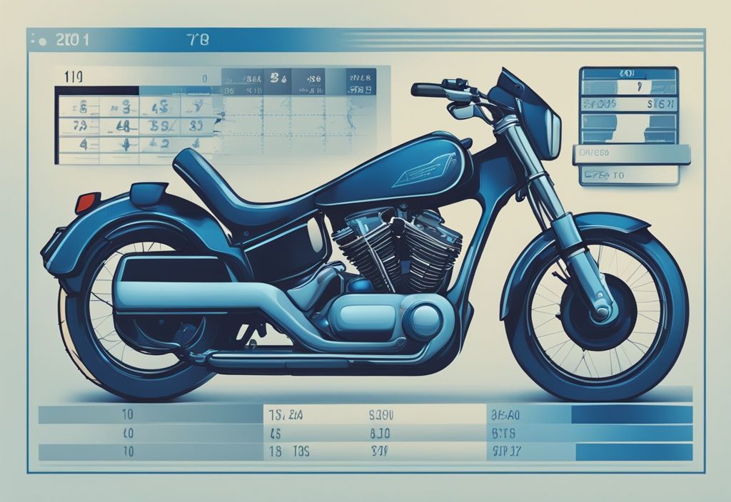 Moderne digitale Illustration in Blau mit Vergleich der durchschnittlichen jährlichen Kosten für Motorradversicherung und Steuer, dargestellt durch ein elegantes Motorradsilhouette im Hintergrund; was kostet Motorrad Versicherung und Steuer.