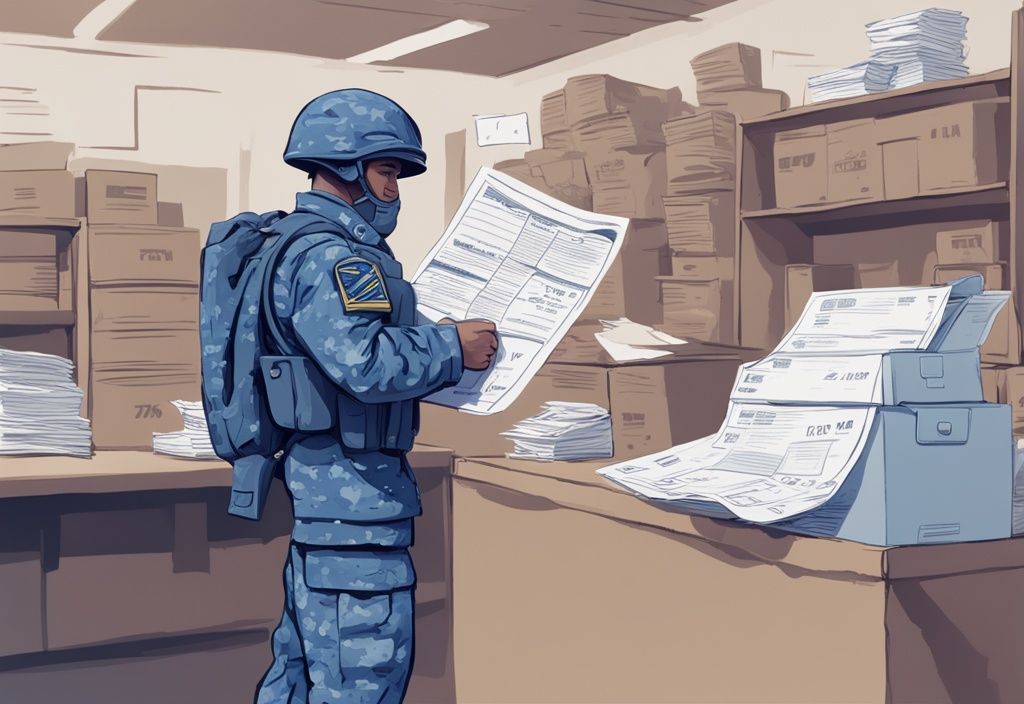 Moderner digitaler Gemälde-Illustration eines Soldaten mit übergroßem Beleg, hervorgehobene Steuerabzugspositionen wie Militäruniformen, Reisekosten und Bildungskosten, Hauptfarbthema blau