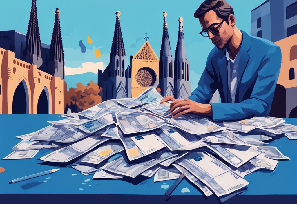 Moderne digitale Illustration einer Person, die Euro-Banknoten und Steuerformulare untersucht, mit ikonischen Wahrzeichen Spaniens im Hintergrund, Hauptfarbthema Blau.