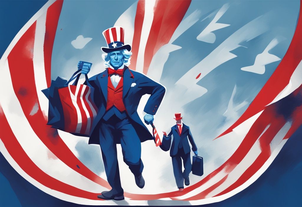 Moderne digitale Illustration: Ein Mann schleicht an einer großen Figur von Uncle Sam vorbei und trägt eine Tasche mit der Aufschrift 'taxes' und einem roten "NO"-Symbol darüber. was ist Steuerhinterziehung