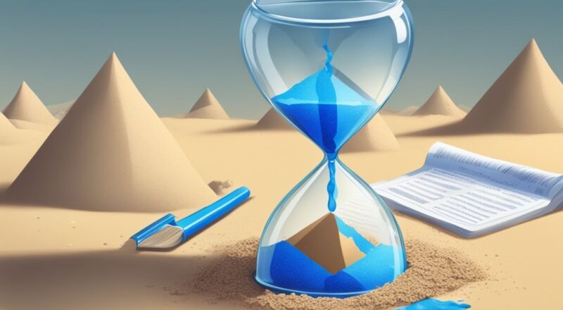 Moderne digitale Illustration einer Sanduhr mit blauen Farbtönen, die Steuerdokumente im oberen Teil und zerrissenes Papier im unteren Teil zeigt, symbolisiert wann verjähren Steuerschulden.