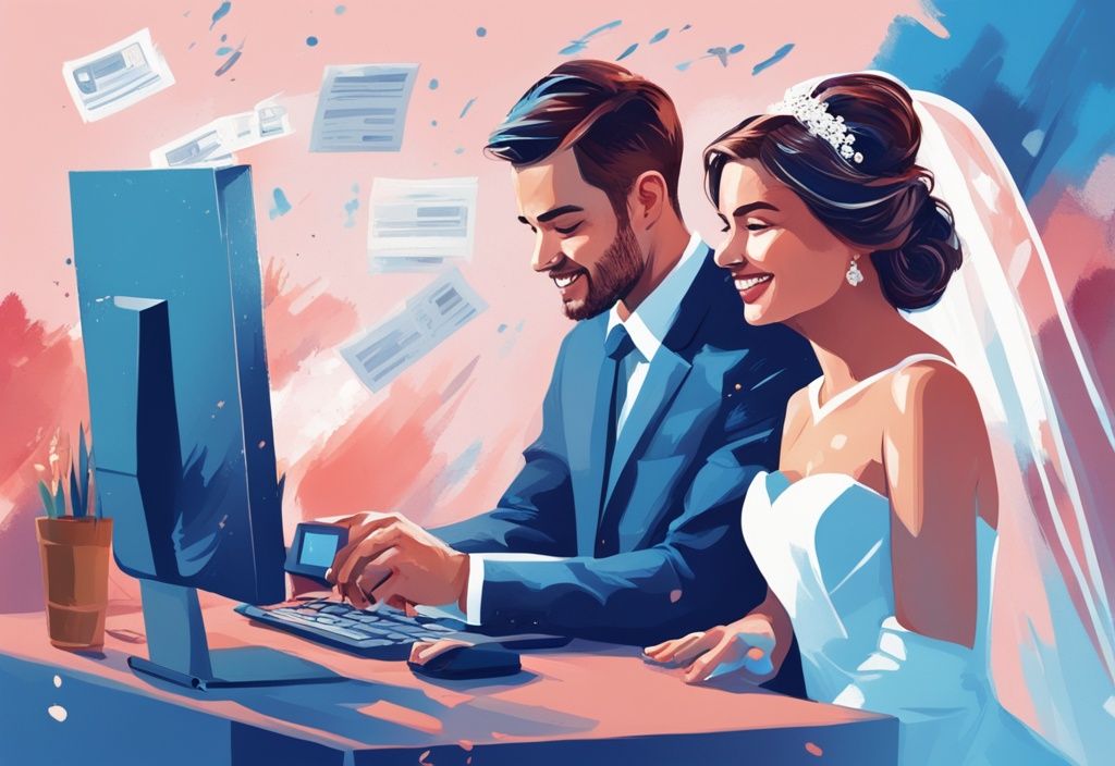 Brautpaar erfreut sich an Steuervorteilen durch Hochzeit, dargestellt auf einem modernen digitalen Gemälde mit blauem Farbthema.