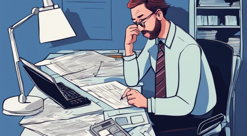 Moderne digitale Illustration in Blau: Eine Person sitzt besorgt an einem Schreibtisch voller Papierkram und einem Taschenrechner, während sie ein Dokument mit dem Titel "Verspätungszuschlag - Finanzamt" betrachtet.