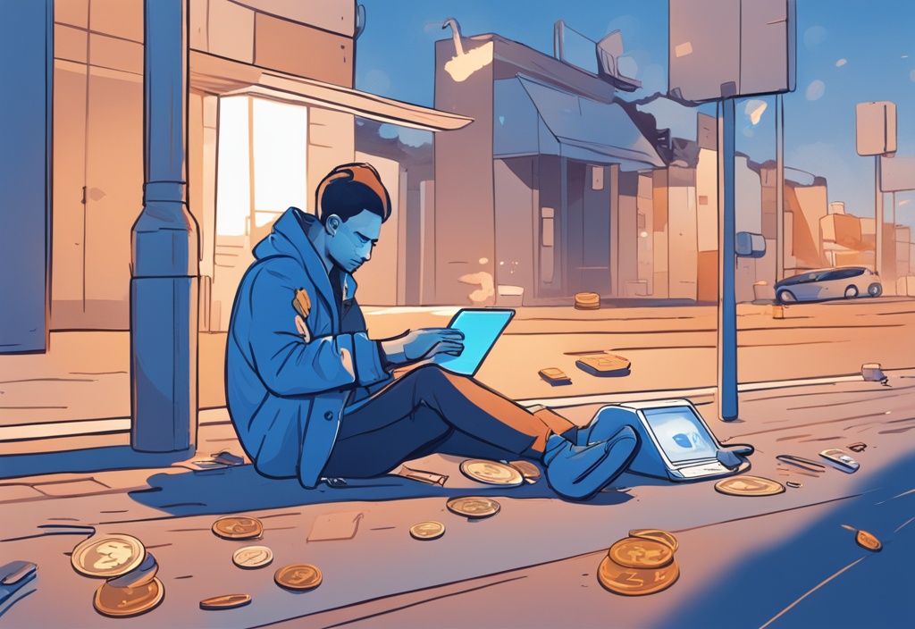 Moderner digitaler Gemälde-Illustration mit blauem Farbschema, nomadische Person sitzt auf der Straße und benutzt ein Tablet, digitale Münzen fallen in eine digitale Geldbörse, symbolisiert das Konzept des bedingungslosen Grundeinkommens ohne festen Wohnsitz.