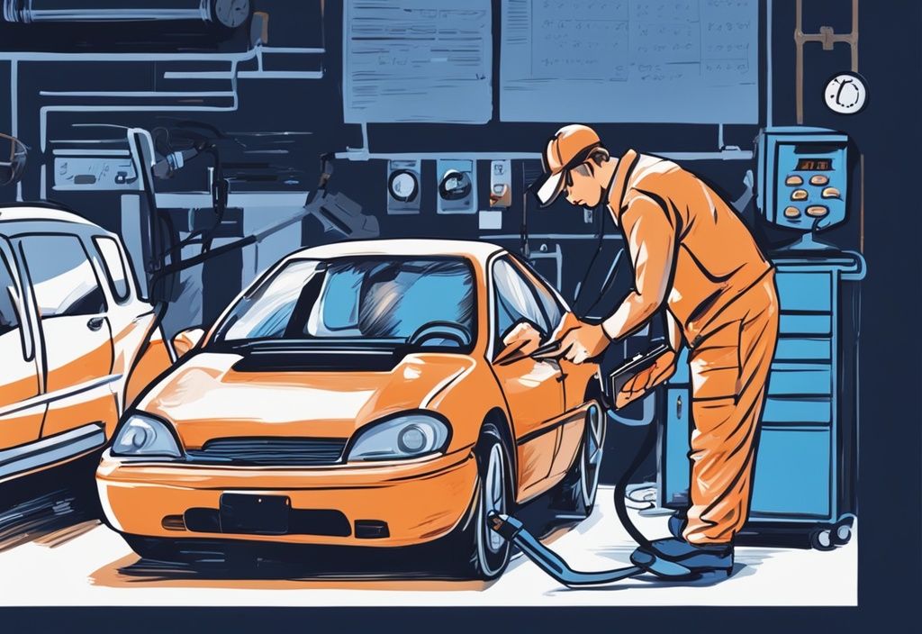 Mechaniker arbeitet unter der Motorhaube eines Autos mit Steuerformular und Taschenrechner auf Klemmbrett, digitale Illustration, blaues Farbschema