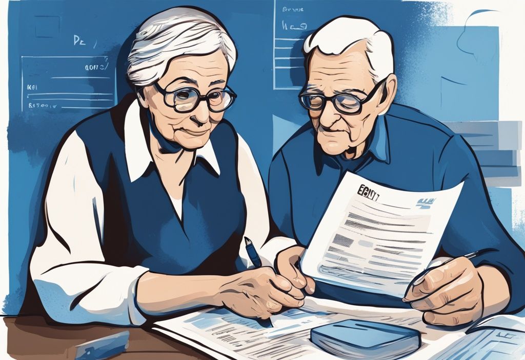 Moderne digitale Illustration mit blauem Farbschema, Seniorenpaar diskutiert über Formulare und Dokumente, Titel "Pension Payments Tax" sichtbar oben.