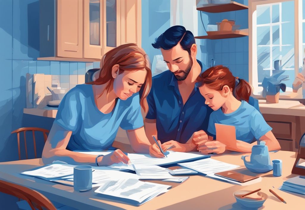 Junge Familie am Küchentisch studiert Unterlagen zur Steuererklärung während der Elternzeit, moderne digitale Illustration in Blau.