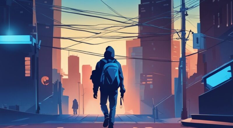 Moderne digitale Malerei mit blauem Farbschema: Silhouette einer Person mit Rucksack, die auf eine entfernte Skyline einer Stadt zugeht, unter dem Licht einer Straßenlaterne, die einen Schatten auf einen Umschlag mit einem Bürgergeld ohne festen Wohnsitz wirft.