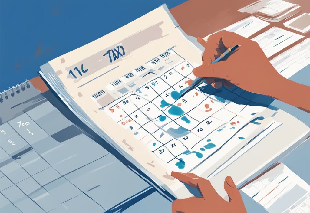 Moderne digitale Illustration in Blau mit Kalender und Hand, die ein Steuerformular hält, symbolisiert wie lange darf das Finanzamt Steuern nachfordern.