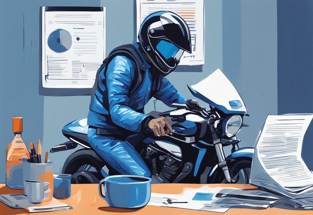 Moderne digitale Malerei, Person analysiert Kostenaufstellung für Motorradversicherung und Steuern, Motorradhelm und Schlüssel auf dem Tisch, Hauptfarbe Blau