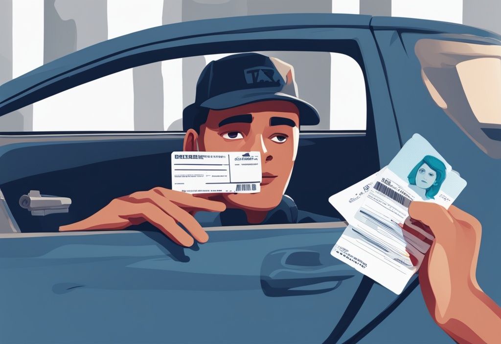 Moderner digitaler Gemäldeillustration eines Autofahrers, der einen Führerschein in der einen Hand und eine Steuererklärung mit sichtbar abgezogenem Lizenzkosten in der anderen hält, mit einem Ausdruck der Erleichterung im Gesicht.