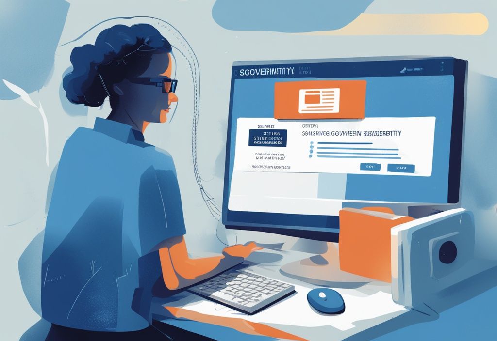 Moderne digitale Illustration in Blau: Desktop-Computer zeigt Prozess, um eine Sozialversicherungsnummer online abfragen auf einer sicheren Regierungswebseite.