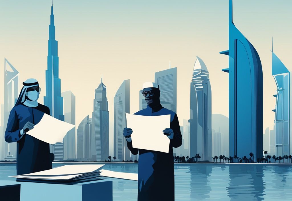 Moderne digitale Illustration einer Skyline von Dubai mit Wolkenkratzern und Personen, die ein Steuerdokument prüfen, Hauptfarbe Blau.