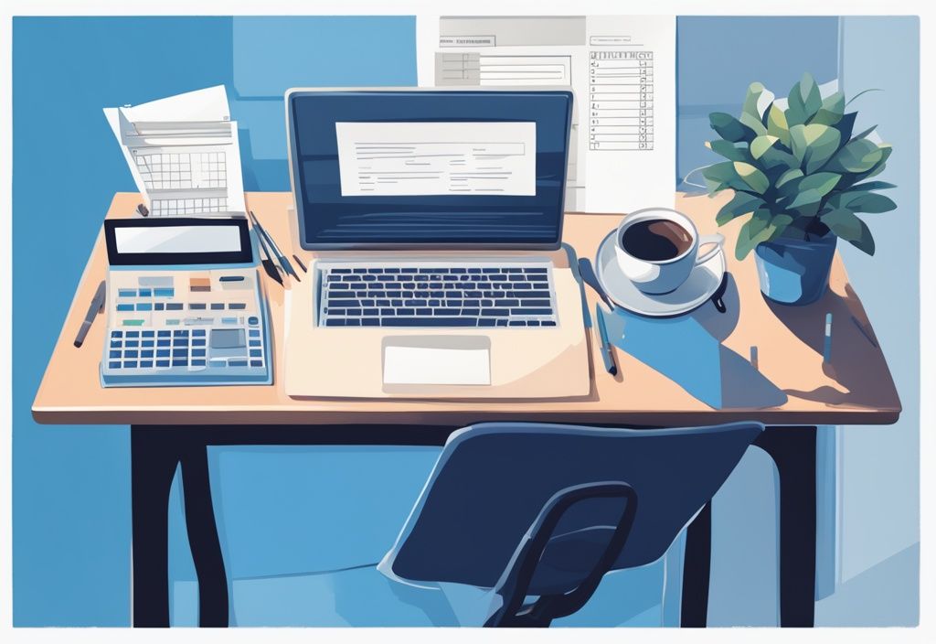 Moderne digitale Illustration eines ordentlich organisierten Schreibtischs mit Steuerformularen, Taschenrechner, Laptop mit Tabellenkalkulation, Stift und einer Tasse Kaffee, Hauptfarbthema Blau.