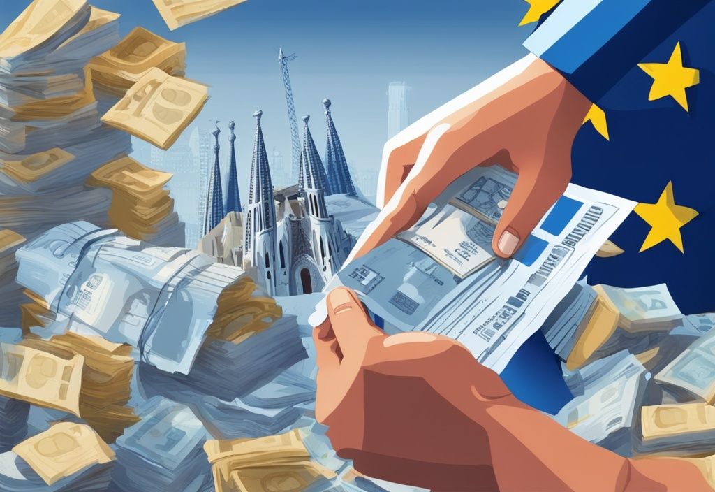 Moderne digitale Illustration einer Person, die Euro-Banknoten und Steuerformulare prüft, mit Spaniens Wahrzeichen wie Sagrada Familia und Alhambra im Hintergrund.