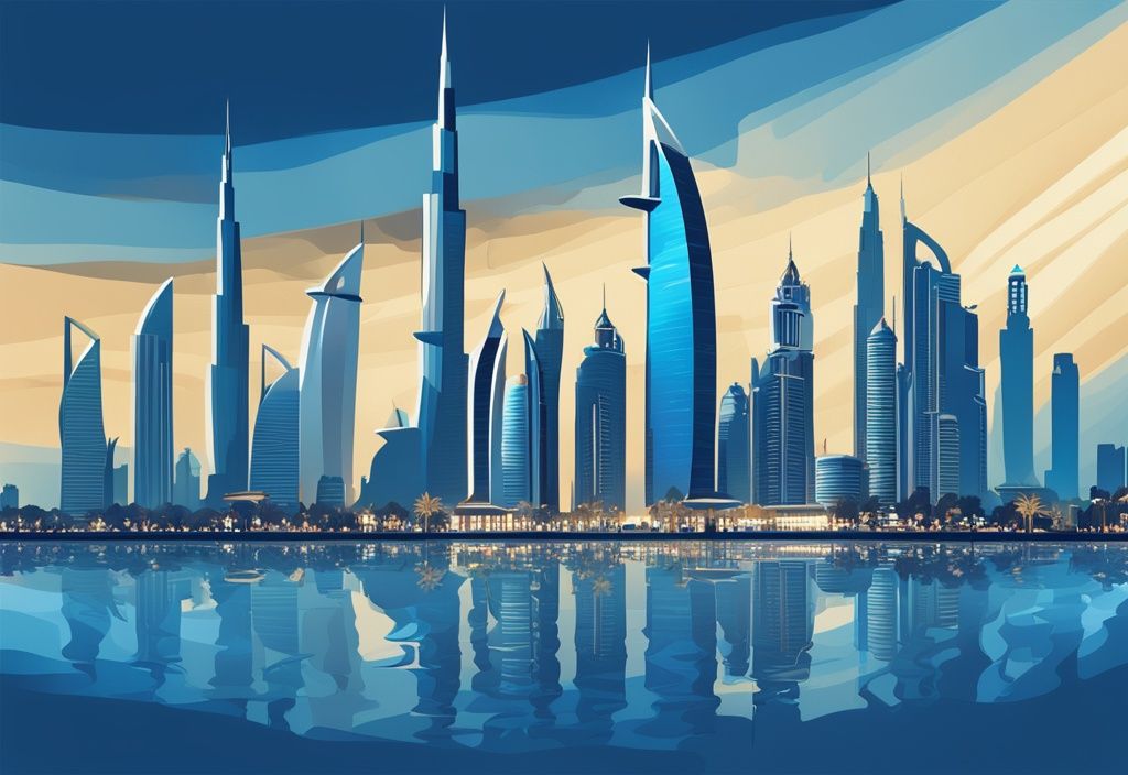 Moderne digitale Illustration der Dubai-Skyline in Blau mit ikonischen Wahrzeichen, die den Tourismus- und Immobiliensektor symbolisieren.