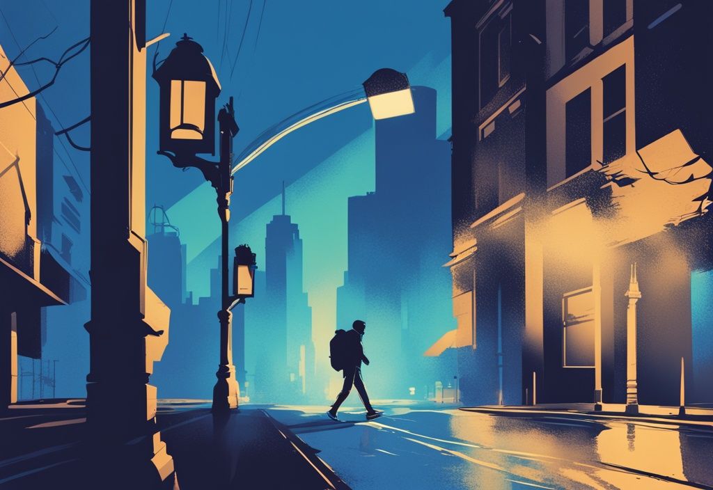 Moderne digitale Malerei mit blauer Farbgebung, Silhouette einer Person mit Rucksack, die auf eine entfernte Skyline zugeht, unter einer Straßenlaterne, die einen Schatten auf einen Umschlag mit einem Bürgergeld ohne festen Wohnsitz wirft.