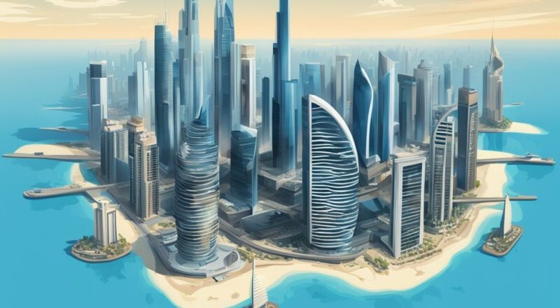 Moderne digitale Illustration von Dubais Skyline in Blau mit Infografiken zu Einnahmequellen wie Tourismus, Immobilien, Handel und Investitionen, die zeigen, wie finanziert sich Dubai ohne Steuern.