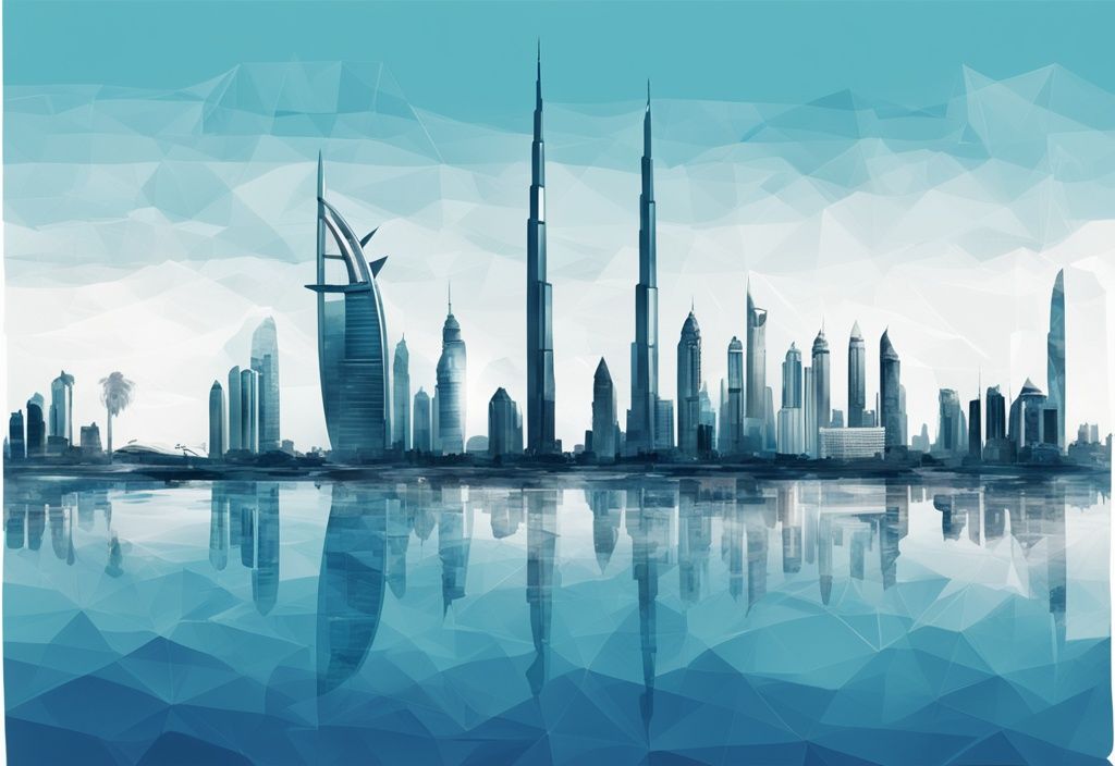 Moderne digitale Malerei mit blauem Farbschema, Skyline von Dubai mit Wahrzeichen, überlagert von transparentem Steuerformular.