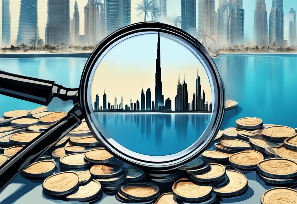 Panoramablick auf die Skyline von Dubai mit einem digitalen Gemälde in Blautönen; eine Lupe fokussiert auf einen Stapel UAE-Dirham-Münzen, symbolisiert Dubai Steuern.