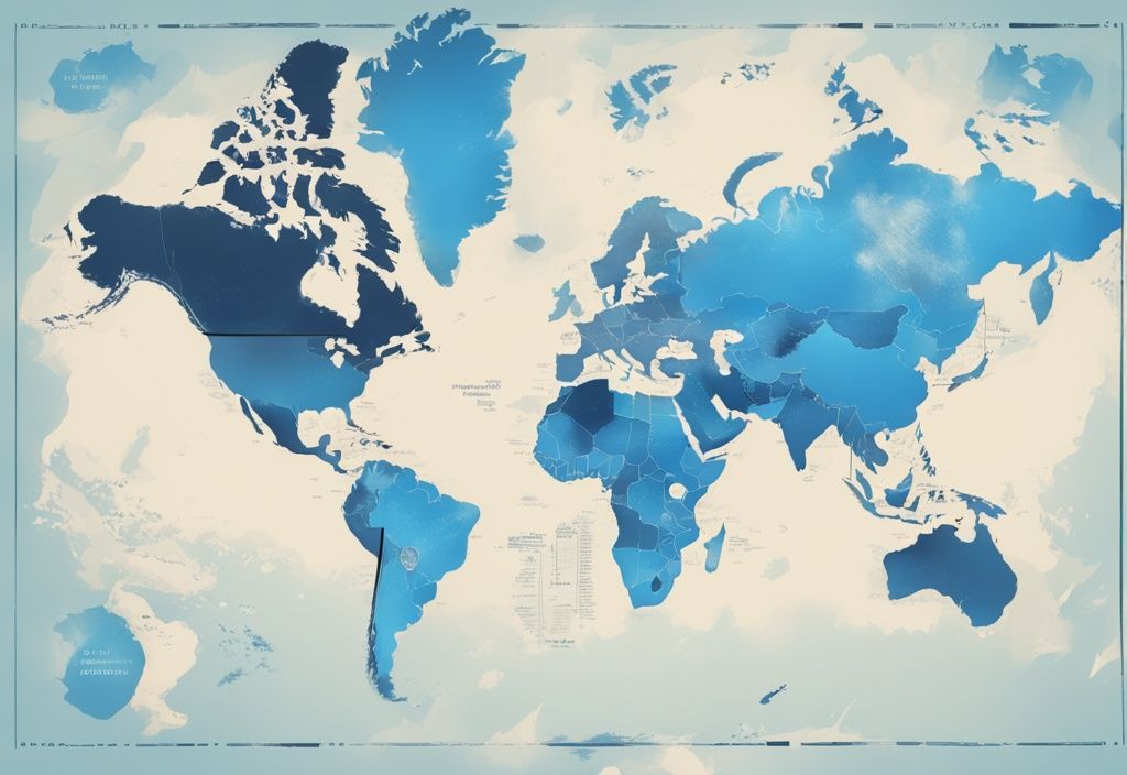 Moderne digitale Malerei mit blauem Farbschema, Weltkarte mit hervorgehobenen Ländern, ein Land als das mit den niedrigsten Steuern markiert, welches Land hat die niedrigsten Steuern.