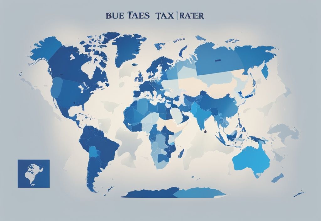Moderne digitale Malerei mit blauem Farbschema, Weltkarte zeigt farbcodierte Länder nach Steuersätzen, Hervorhebung des Landes mit den niedrigsten Steuern.