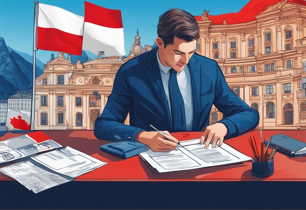 Moderne digitale Malerei eines Menschen am Schreibtisch, der ein Dokument mit der Aufschrift "Österreich Steuern" überprüft, mit österreichischer Flagge und ikonischen Wahrzeichen im Hintergrund.