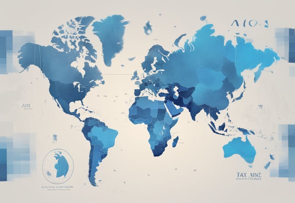 Digitale Illustration einer Weltkarte mit farbcodierten Ländern basierend auf Steuersätzen, Schwerpunkt auf dem Land mit den niedrigsten Steuern, Hauptfarbthema blau.