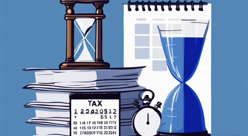 Moderne digitale Malerei mit blauem Farbschema: Eine Sanduhr neben einem Kalender und einem Stapel Steuerformulare, die den Ablauf der Steuerverjährung symbolisieren.