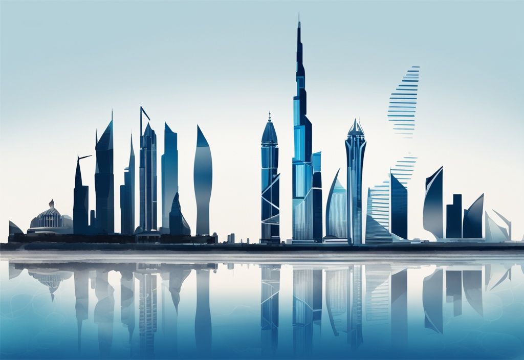 Moderne digitale Malerei von Dubais Skyline mit blauen Farbtönen und überlagerter transparenter Steuervorlage.